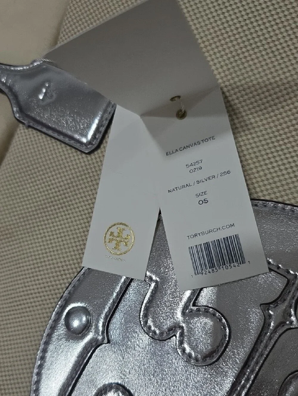 Tory Burch Cream Canvas Tote with Silver Logo and Trim